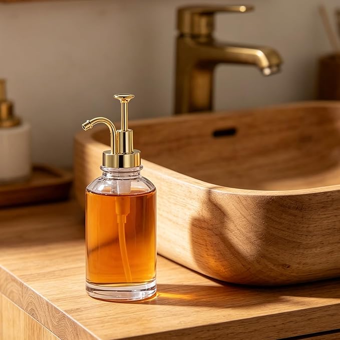 Asixxsix Coffee Syrup Dispenser, 500ml Clear Thickened Glass Soap Dispenser Bottle with PP Press Pump, High and Low Temperature Proof, Syrup Containers for Maple Honey (Gold Pump Head)