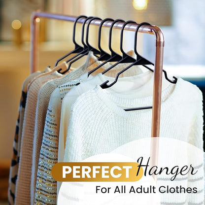 Our Modern Space 100 Pack Adult Plastic Hanger for Shirt Pants Coats Dresses Skirts Suits Jackets - Standard Thick Coat Hanger - Sturdy & Durable Design with Shoulder Grooves Hook - Black