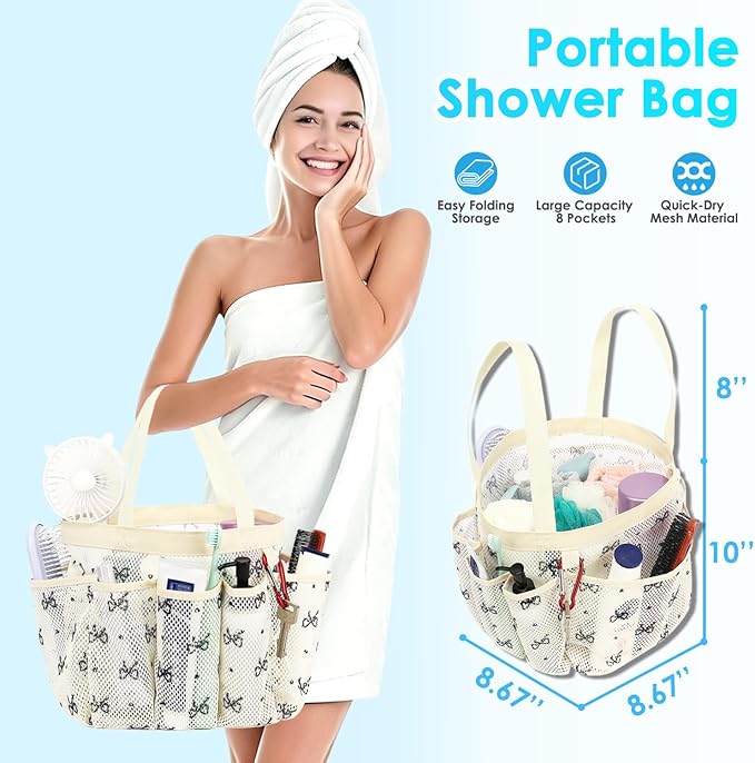 Fammart Mesh Shower Caddy Portable for College Dorm Room Essentials, Odorless Polyester Large Shower Tote Bag with Dual Handles, 8-Pocket Quick-Dry Toiletry Organizer for Travel, Beach, Camping, Gym