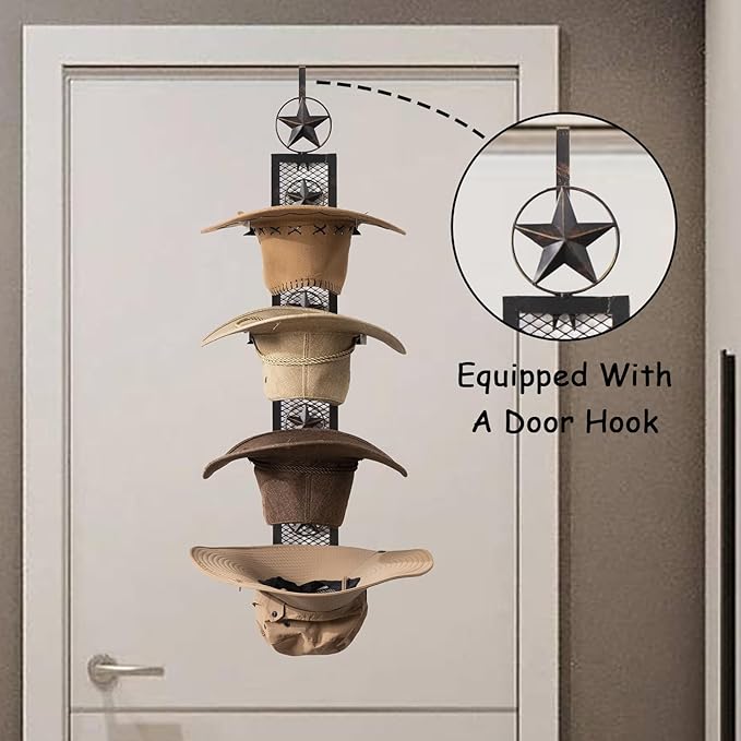 Cowboy Hat Rack for Wall, Metal Star Cowboy Hat Holder for 4 Hats, Vertical Western Hat Rack Wall Mount, Rustic Wall Hanging Decorative Hat Hanger with Hook