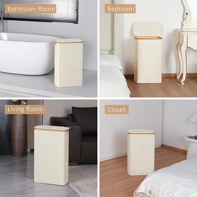 iEGrow 65L Slim Laundry Hamper, Narrow Laundry Basket with Lid,Foldable Clothes Hamper with Bamboo Handles,Hamper Basket with Removable Inner Bag for Laundry Room Bedroom College Dorm,17.17 Gals Beige
