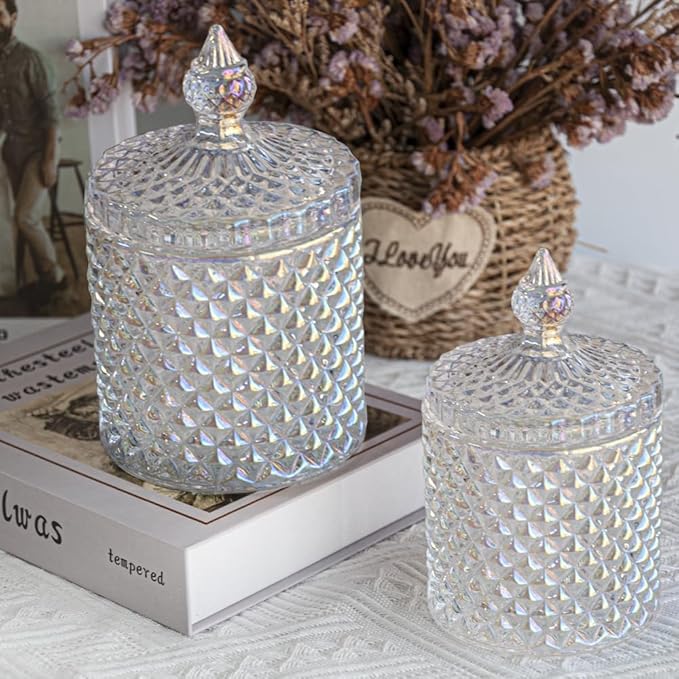 R FLORY 2 Pack Qtip Holder Glass Apothecary Jars with Lids Bathroom Storage Organizer for Cotton Swabs, Balls, Pads, Floss Picks, Vanity Storage Containers for Makeup, Candy, Jewelry (10+24oz, Dazzle)