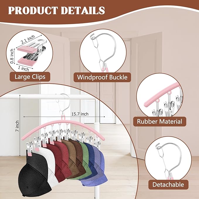 3 Pack Hat Hangers for Closet Display, Metal Hat Organizer for Baseball Caps with 30 Clips, Hats Rack Holder for Closet, Hats Storage for Baseball Caps Beanie Accessories Men Women, Pink