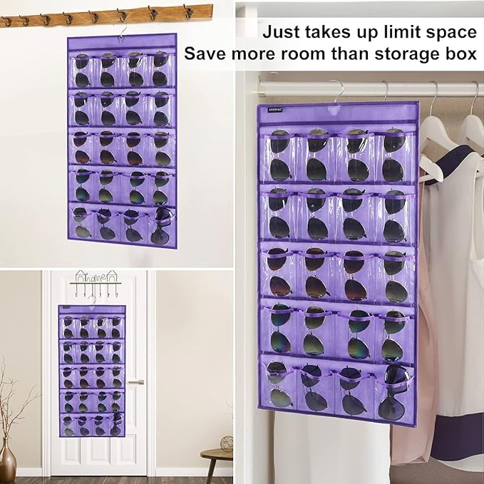 Dual Sided Hanging Sunglasses Organizer Storage Wall Mounted Eyeglasses Holder Eyewear Display Case with 40 Clear Slots (40 Pockets-Purple)
