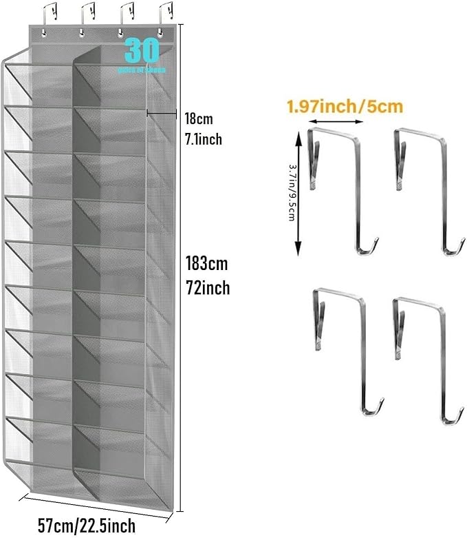 30 Pairs Over the Door Shoe Organizer, Hanging Shoe Organizer with 4 Metal Hooks, Large Capacity Breathable Mesh Shoe Rack for Closet Door, Multi-Pocket Storage for Shoes, Hats, Toys, Towels