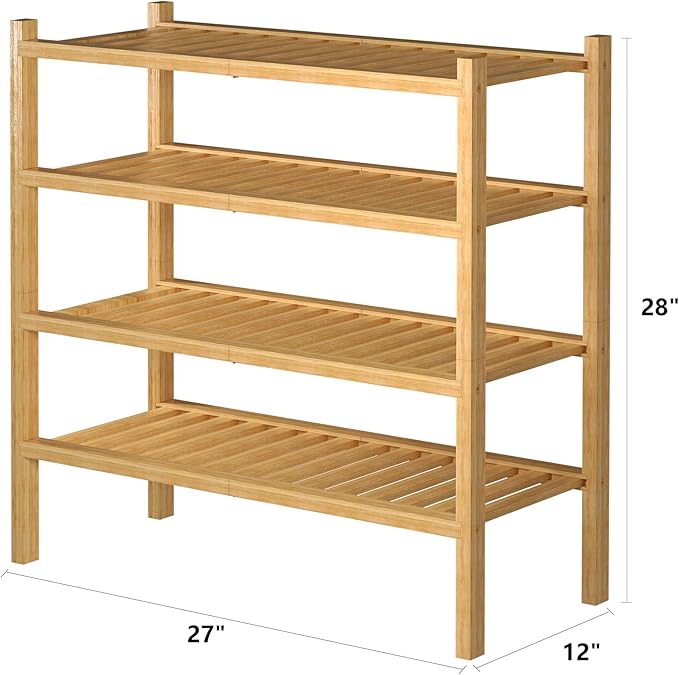 ROMGUAR CRAFT 4 Tier (Thick) Bamboo Shoe Rack for Closet Free Standing Wood Shoe Shelf for Entryway Small Space Stackable 27"x12"x28" (Natural)