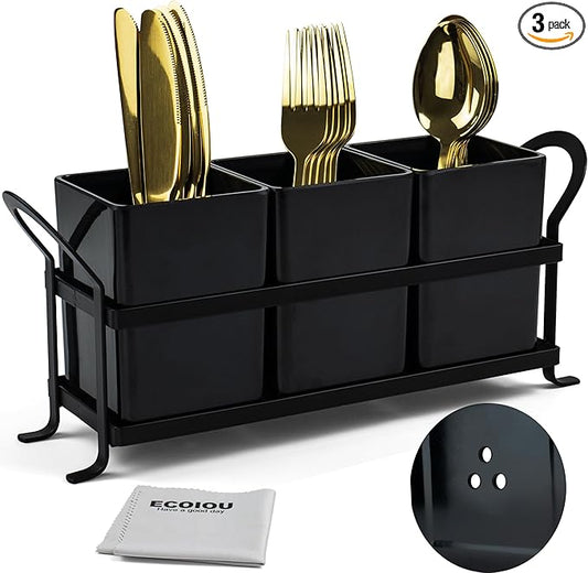 ECOIOU Cutlery Holder with Drain Holes, Dishwasher Safe Silverware Caddy for Party, Kitchen Counter, 3pcs Bins Set Countertop Utensil Holder for Spoons, Forks and Knives, Black