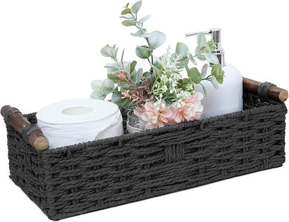 Round Paper Rope Storage Basket Wicker Baskets for Organizing with Handle Decorative Storage Bins for Countertop Toilet Paper Basket for Toilet Tank Top Small Baskets,Black