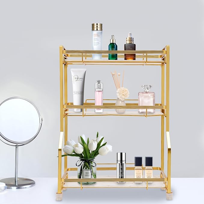 3 Tier Bathroom Countertop Organizer, Gold Bathroom Vanity Counter Organizer with Small Storage Basket for Skincare Makeup Perfume (White)