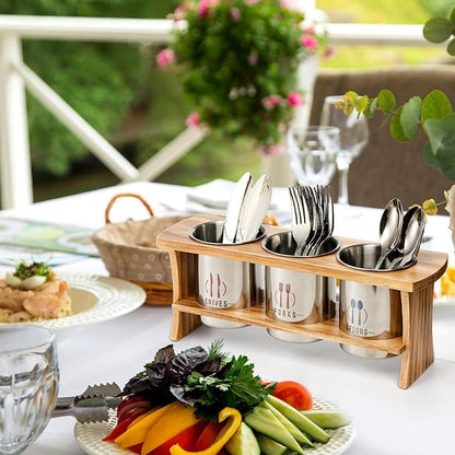 Lyellfe Silverware Holder for Countertop, Stainless Steel Cutlery Utensil Organizer with Bamboo Stand, Flatware Holder for Spoon, Fork, and Knife