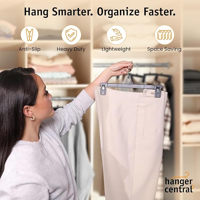 12 Pack Pants Hangers – 12 Inch Slim Plastic Clothes Hangers with Clips for Skirts, Pants, Shorts – Space Saving Heavy Duty Closet Organizer with Non Slip Grip & Swivel Hook – Black