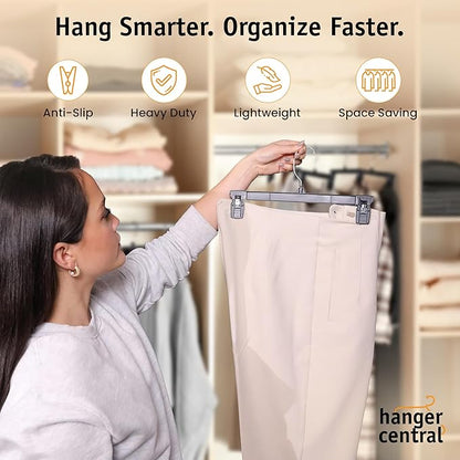 12 Pack Pants Hangers – 12 Inch Slim Plastic Clothes Hangers with Clips for Skirts, Pants, Shorts – Space Saving Heavy Duty Closet Organizer with Non Slip Grip & Swivel Hook – Black