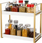 Bathroom Counter Organizer with Basket, Wooden Sink Shelf for Vanity Storage, Storage Organizers for Bathroom, Kitchen, Dresser (Gold - White)