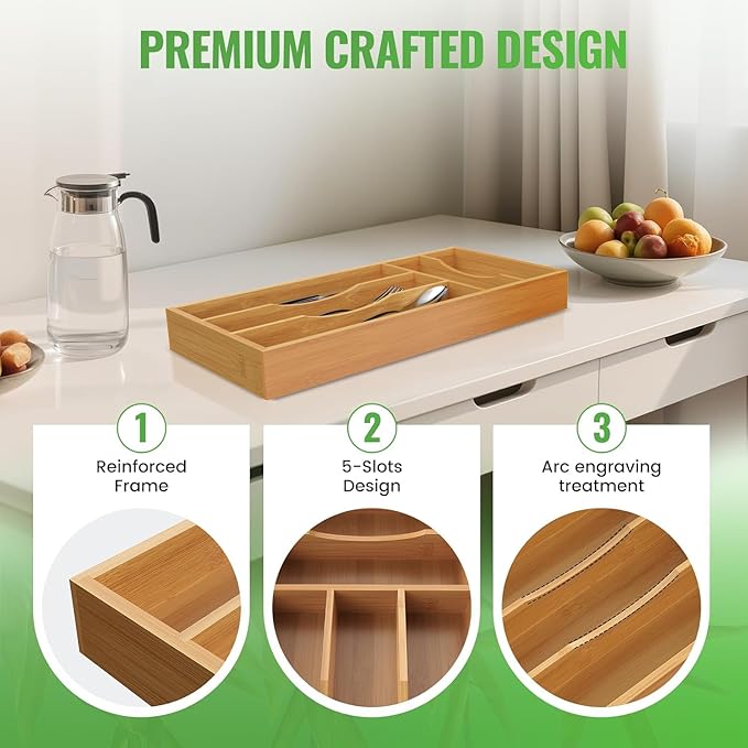 Small Silverware Organizer, Bamboo Kitchen Drawer Cutlery Organizer, Utensil Holder, Flatware Organizer Tray (14.2"x6.7"x1.6")
