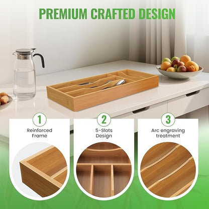 Small Silverware Organizer, Bamboo Kitchen Drawer Cutlery Organizer, Utensil Holder, Flatware Organizer Tray (14.2"x6.7"x1.6")