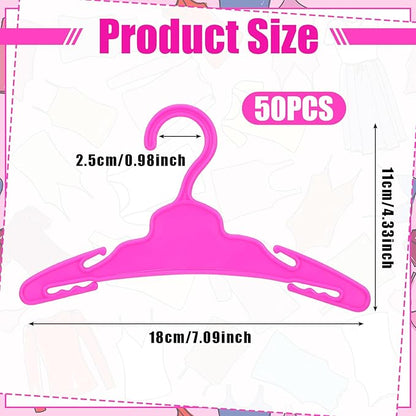 Soulchen 50 Pcs Doll Clothes Hangers for 18 Inch Dolls, Rose Red Plastic Clothes Hangers with Non-Slip Clips, Space-Saving Wardrobe Accessories for Gown Dress Outfit