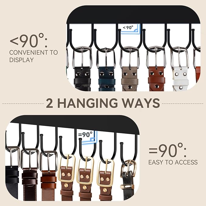 Belt Hanger Wall Mount, Wooden Closet Belt Organizer with 24 Metal Hooks, Large Capacity, Black, 2 Pcs