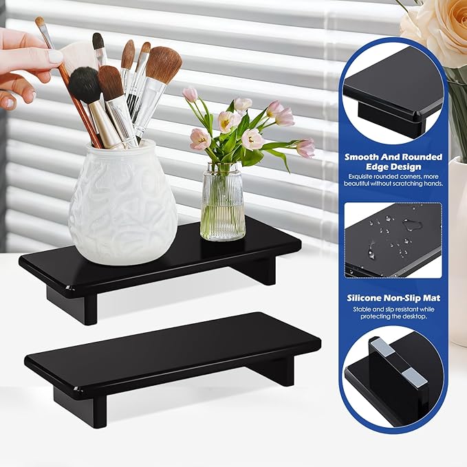 Acrylic Bathroom Counter Tray Stand, Kitchen Soap Holder Riser for Vanity Candle Plant Display, (1, Black-Small-8.6 x 3.6 x 1.5)