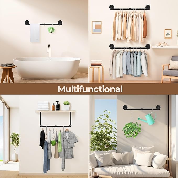 Abiglifty Wall Mounted Clothes Rack 38.4 Inch, Industrial Pipe Clothing Rack, Black Wall Clothing Rack, Multi-Purpose Clothing Hanging Rod for Laundry Room, Closet Storage,Bedroom, Closet (1 Pack)