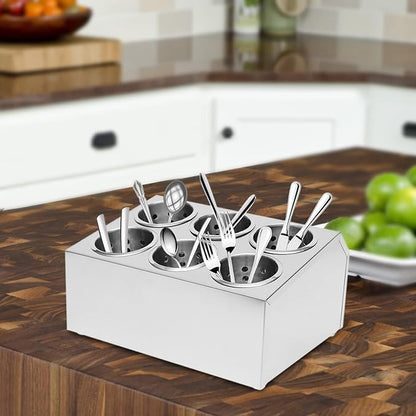 Commercial Utensil Holder, Commercial 6-Hole Stainless Steel Cylinder Flatware Silverware Utensil Holder Compact Cutlery Organizer Countertop Silverware Organizer for Restaurant (6-Hole)