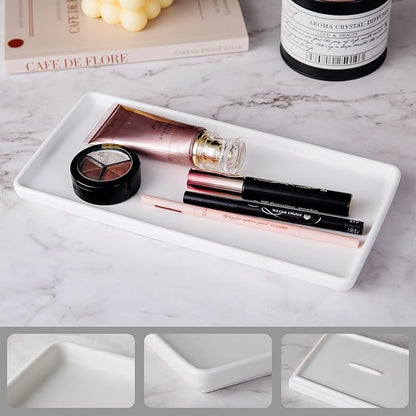 10" Ceramic Bathroom Tray, Minimalist Vanity Organizer for Countertop, Modern Rectangular Soap & Perfume Tray, Water-Resistant Porcelain Jewelry Dish, Set of 2, White