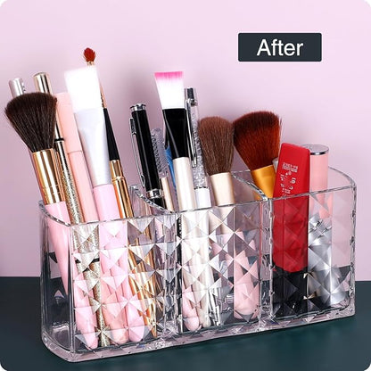 MOSIKER Makeup Brush Holder for Vanity,Acrylic Clear Small Compact Nail Hair Lip Liner Brush Pen Organizer with 3 Slots