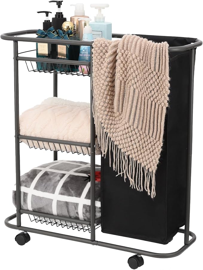Rolling Laundry Cart with Wheels: 3-Tier Laundry Caddy Between Washer and Dryer - Heavy Duty Wrapping Paper Cart with 45L Bag for Narrow Space Laundry Room Bathroom Bedroom Black