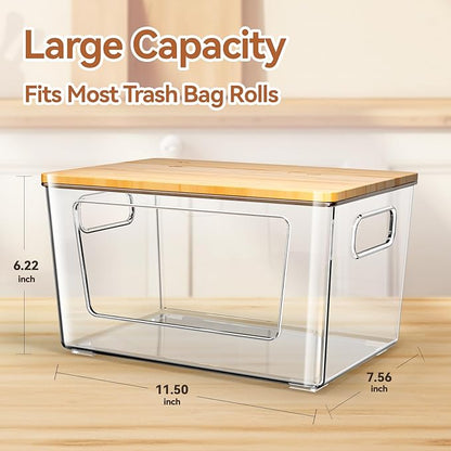 spospo 2 Pack Trash Bag Holder with Bamboo Lid, Stackable Trashbag Dispenser, Extra Large Garbage Bag Holder for Kitchen Laundry Room Under Sink Organization and Storage