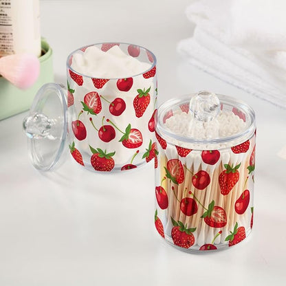 4 Pack Qtip Holder Dispenser Strawberry Cherry Red Cotton Ball Swab Round Pads Floss Clear Bathroom Storage Containers Plastic Apothecary Jars with Lids