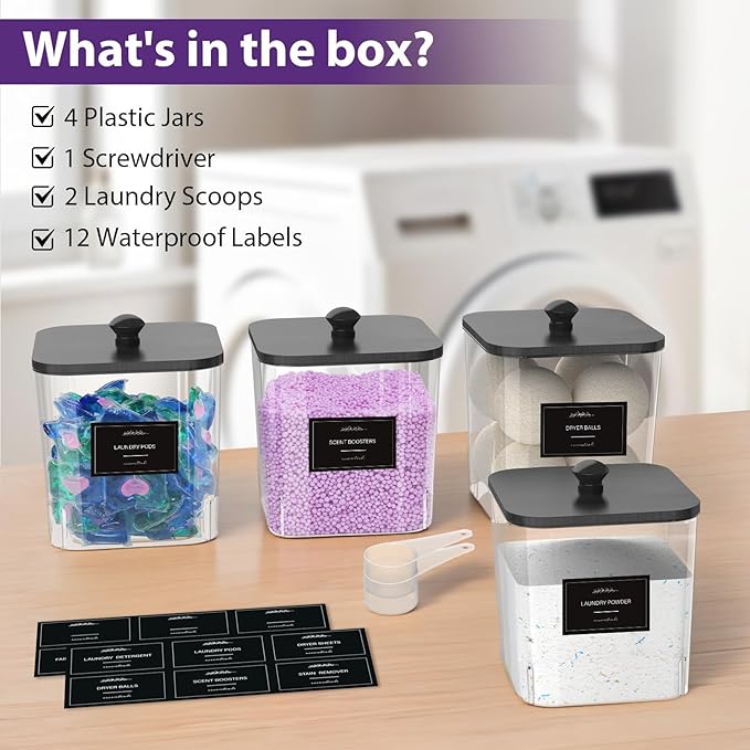 COAZEX 4 Pack Clear Laundry Pods Container, Plastic Square Laundry Room Organization and Storage Jars with Black Lids, Scoops & Labels for Detergent, Powder, Dryer Balls