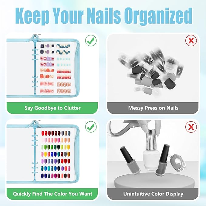 KEIFIN Press On Nail Storage Organizer Binder with 8 Insert Pages - A5 Size Reusable Fake Nail Swatch Collecting Book Polish Color Display Holder Container with Tape and Zipper Pocket (BLUE)