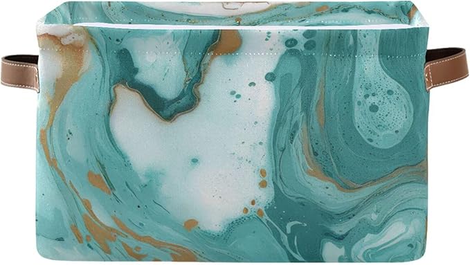 Turquoise Marble Texture Basket Bin, Large Storage Basket for Toy, Canvas Storage Basket for Clothes, Decorative Basket for Home Office (15x11x9.5inch)