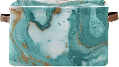 Turquoise Marble Texture Basket Bin, Large Storage Basket for Toy, Canvas Storage Basket for Clothes, Decorative Basket for Home Office (15x11x9.5inch)