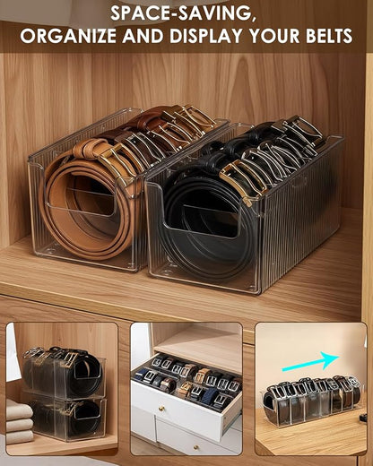 HAYVAN 2 Pack Acrylic Extendable Belt Organizer - Clear Belt Holder with Adjustable Dividers Fits Most Sizes, Storage Box for Ties, Bows, Masks, Jewelry (Space-Saving)