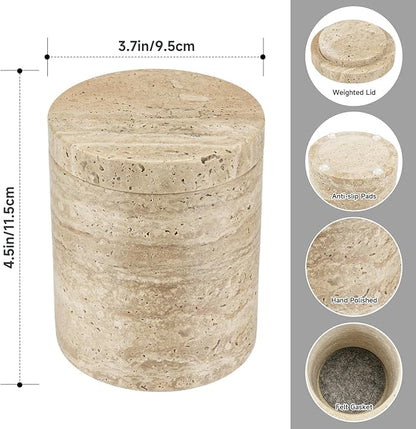 Natural Marble Canister, Cotton Swab Holder with Lid, Marble Toothbrush Holder Qtip Holder Storage for Cotton Swab, Floss Picks, Makeup Pad, Bath Salt, Beige White Travertine(NS019)