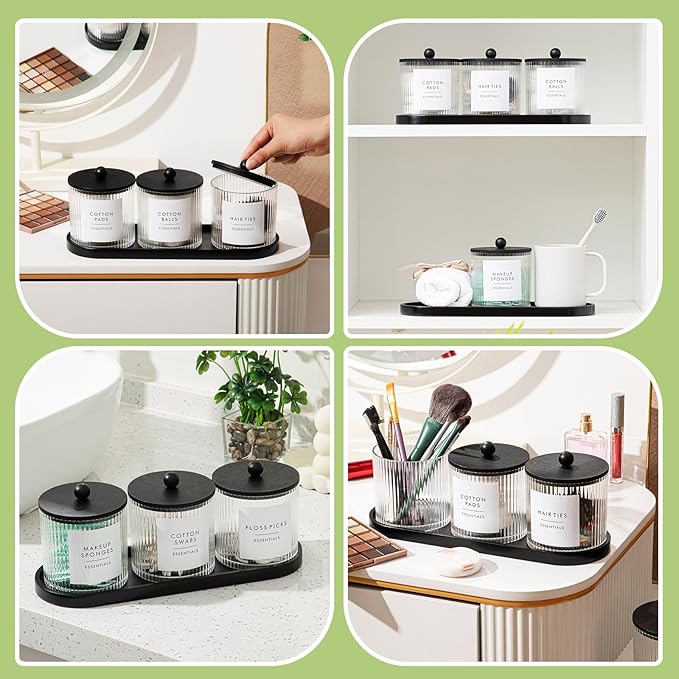 Vesici 6 Pack Bathroom Canisters Ribbed Apothecary Jars with Bamboo Lids 2 Bamboo Trays and 9 Label Stickers Cotton Swabs Holder Bathroom Organizer Storage Set Acrylic 18 oz Dispenser Container(Black)