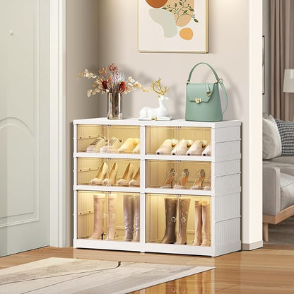 EHAMILY 3 Tier Foldable Shoe Rack Organizer for Closet 6-12Pairs Plastic Collapsible Shoe Racks Shelf for front door entrance Stackable Clear Folding Shoes Storage boxes XLarge Storage Cabinet