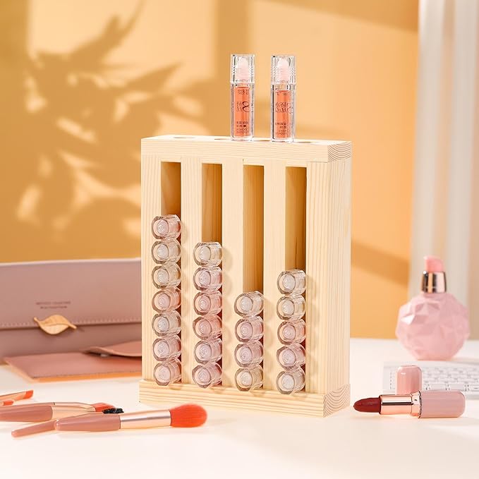 Wonderjune 1 Pcs Wooden Lipsticks Holder 0.7 inch Lip Balm Tube Holder Lip Gloss Organizer Display Wood Lipsticks Tube Tower Organizer for Market Craft Booth Room Display (4 Slot)
