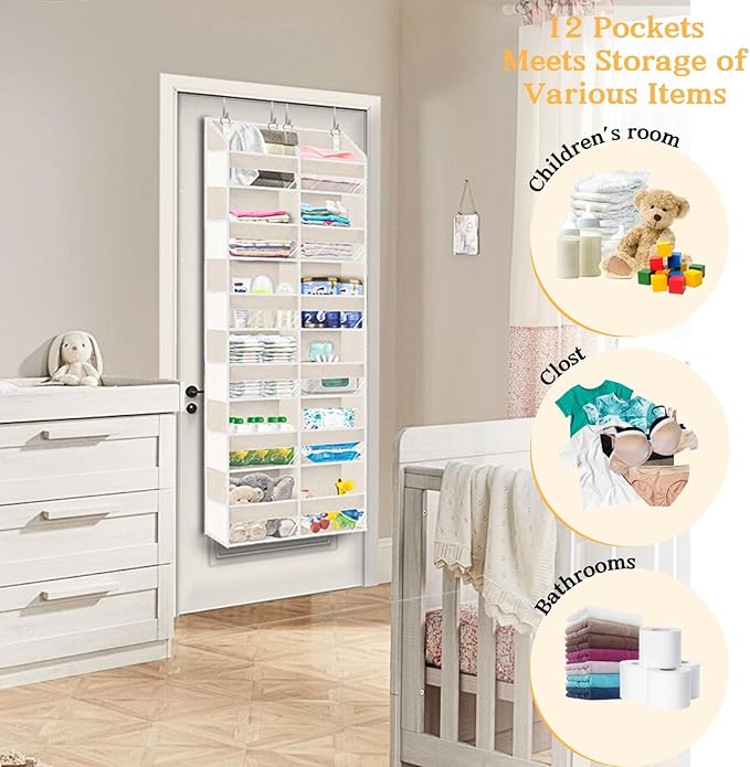 2 Pack Over The Door Organizer 6 Tiers, Extra Large Behind Door Storage of 12 Compartments, 80 lbs Weight Capacity Hanging Storage Organizer with Clear Window Kids Toys,Shoes (6 Tiers - Beige)