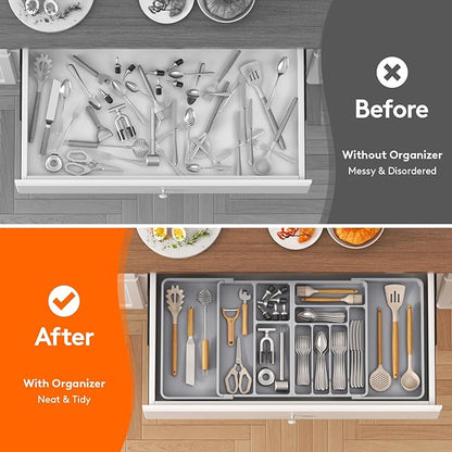 Lifewit Utensil Organizer for Kitchen Drawer, Expandable Cooking Silverware Tray, Adjustable Cutlery Flatware Holder, Plastic Spatula Tools Storage Divider, 21.3- 36 x 16.9", Gray