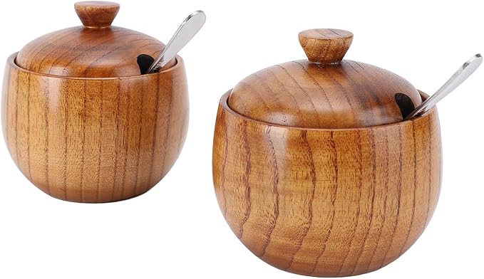 Yosoo Health Gear Wood Salt Bowl 2pcs Wood Salt and Bowl with Lids and Spoons, Multifunctional Salt Jar with Lid Spoon for Sugar Condiment 3.3x2.6in Cellar and Storage Box