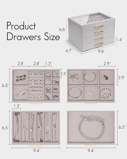VLANDO 4 Layer Jewelry Box for Women, Glass Lid Jewelry Organizer with 4 Drawers for Necklaces Rings Earrings Bracelets - Grey