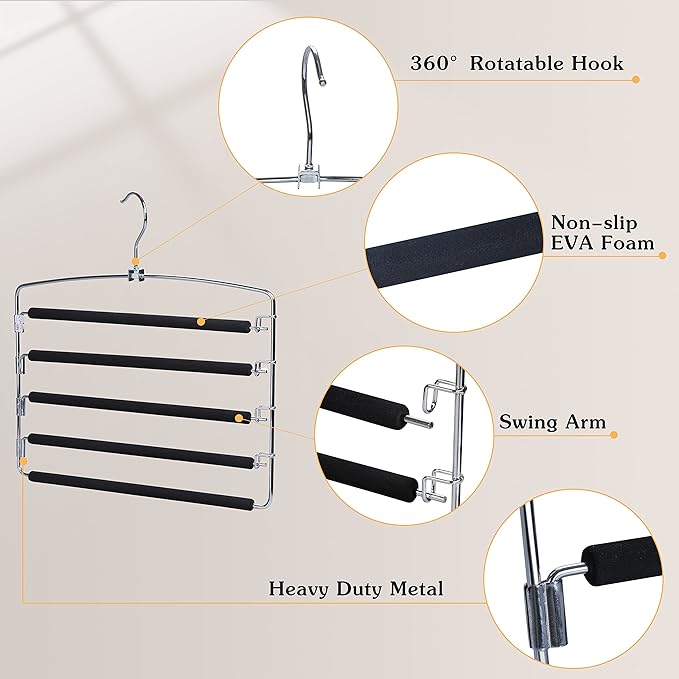 TOPIA HANGER Pants Hangers Space Saving, 2-Pack Swing Arm Pants Organizer for Closet, Non-Slip Foam Padded Organizer Hanger for Multi Slacks, Jeans, Trousers, Skirts, Scarfs, Black-CT08B