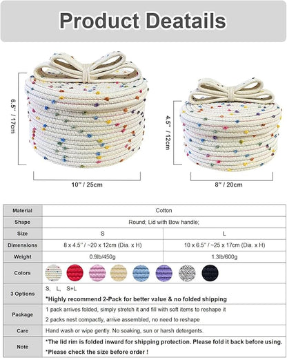 Tiny Basket with Lid, Small Round Woven Basket with Lid, Decorative Storage Box for Small Toy, Gift or Home Decor, Rainbow Pom-pom & Cute Bow Handle (rainbow, S)