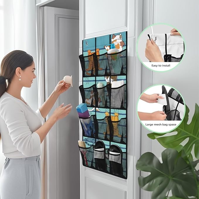 Cute Cat Over The Door Organizer 12 Mesh Pockets Large Capacity Stuffed Space Saving Hanging Storage Pockets for Toys Boots Cosmetics Sundries