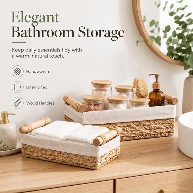 Wicker Bathroom Baskets Set of 2 with Linen Liner & Wooden Handles – Paper Rope Storage Baskets for Shelves, Bathroom Counter, Vanity & Farmhouse Décor