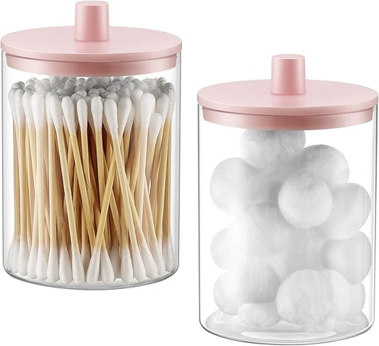 TIPGO Glass Qtip Holder Dispenser for Bathroom - 10 oz Clear Canister Apothecary Jar for Cotton Swabs, Balls, Pads, Floss Picks, Small Containers for Makeup Storage Organizer (2 Pack, Pink)