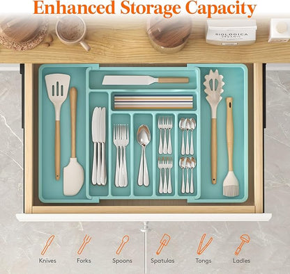 Lifewit Utensil Organizer for Kitchen Drawer, Expandable Cooking Silverware Tray, Adjustable Cutlery Flatware Holder, Plastic Spatula Tools Storage Divider, 13-22.4 x 15", Turquoise