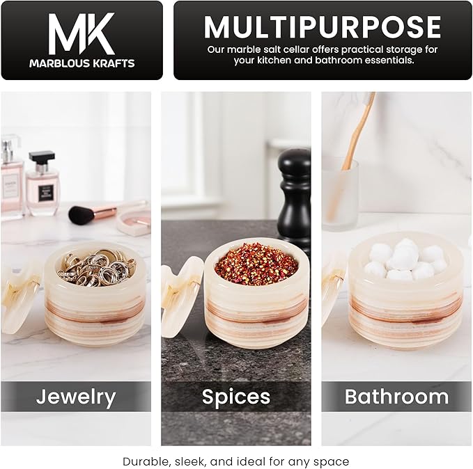 MARBLOUS KRAFTS 3" White Onyx Marble Salt Cellars with Lids, Flaky Salt Holder, Spice Container, Sugar Jar for Countertop, Set of 3 Kitchen Storage Bowls, Perfect Mother’s Day Gift for Her