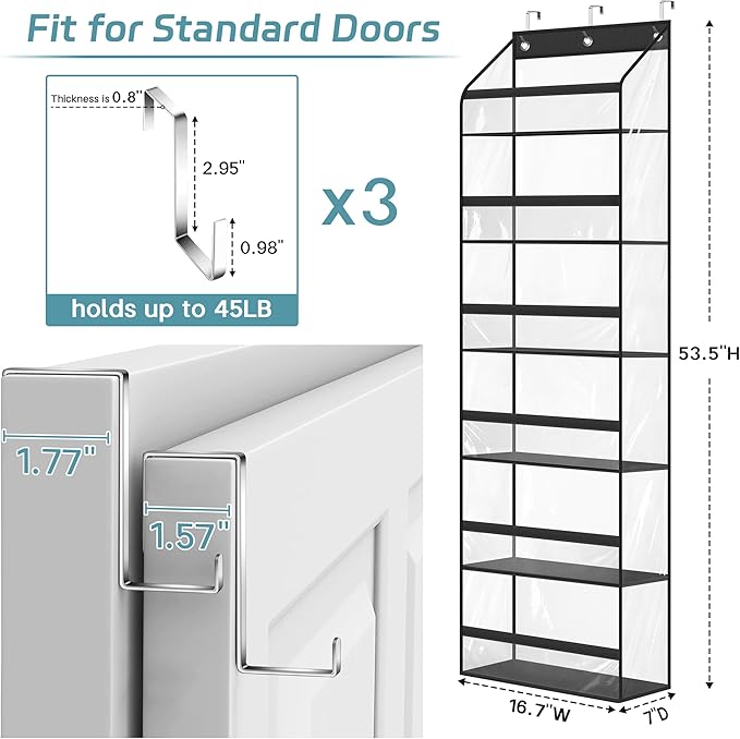 AOODA Clear Over The Door Hat Racks for Baseball Caps, Large Holds up to 72 Caps Hat Storage Organizer for Closet Wall, Deep Pockets Hanging Hat Holder with 3 Hooks, Black
